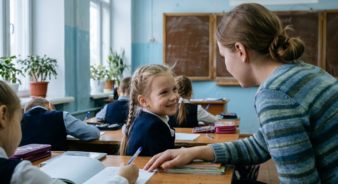 Преподаватель помогает ученице на занятии